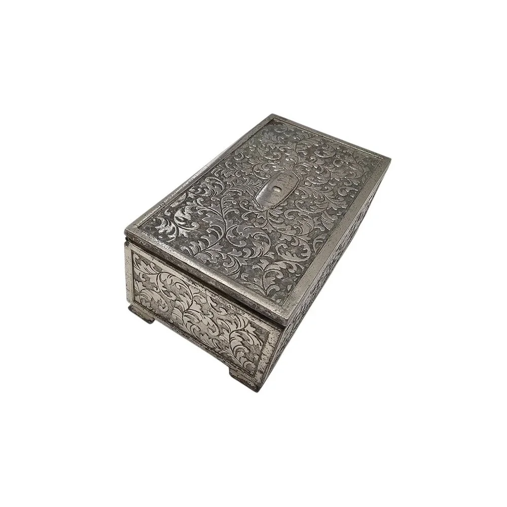 Vintage Ornate Silver Metal Decorative Music Box with Intricate Floral Engraving